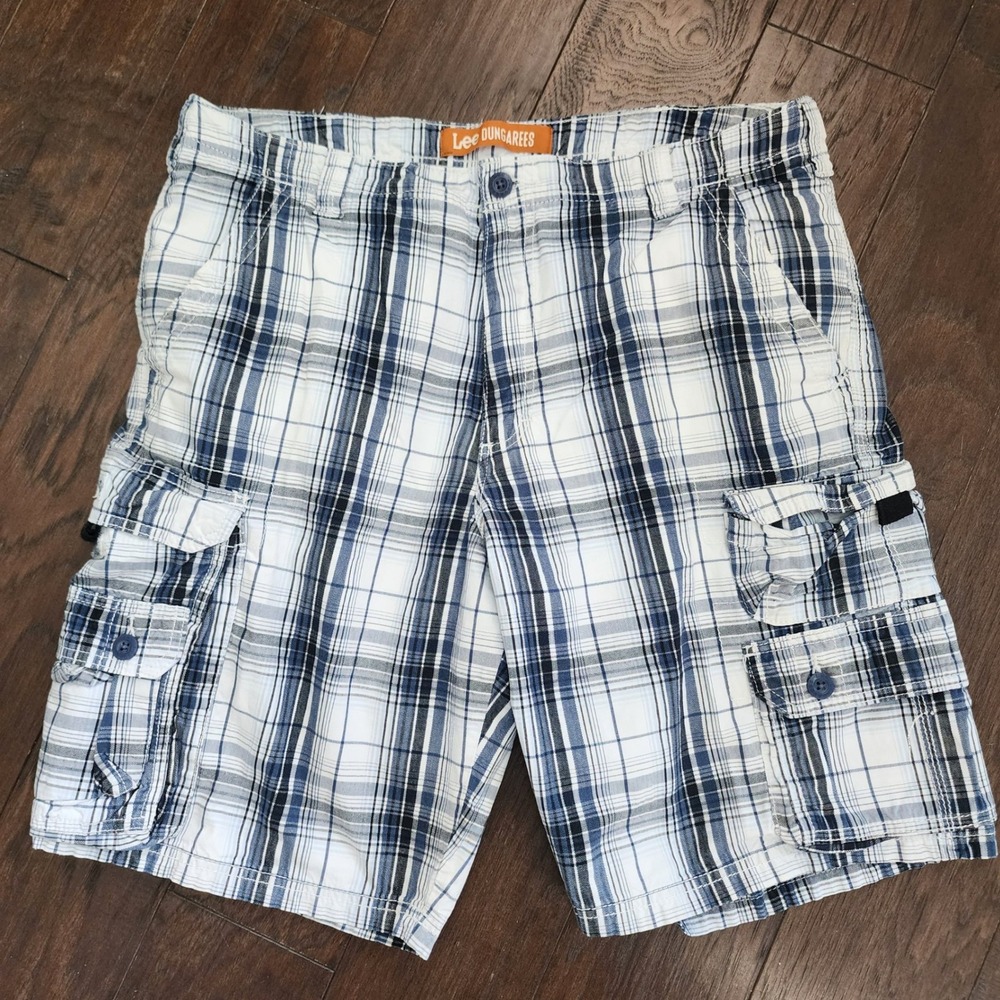 Lee Dungarees Mens Blue White Plaid Cargo Shorts Relaxed Fit Multi Pockets 34